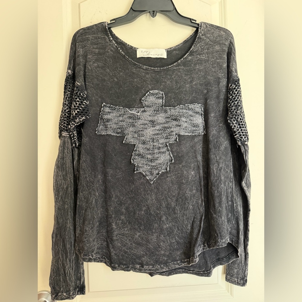 Vintage Havana Y2K Charcoal Long Sleeve Top with Textured Cross whymsigoth rave